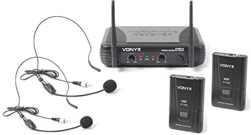Vonyx Skytec STWM712H Sistema de Micros Inalambricos 2 Canales VHF, Incluye 2 Microfonos Inalambricos de Diadema, 2 Petacas y 1 Receptor, Set de Micrófono Inalámbrico Diadema Completo