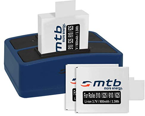 3 Akkus + Dual-Ladegerät (USB) für Rollei Actioncam AC 625, 610, 525, 510, 372 - inkl. Micro-USB-Kabel