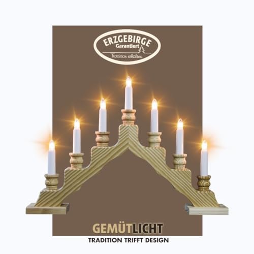 weigla - Schwedenleuchter original Erzgebirge I Trendiger Schwede NATUR I LED I Schwibbogen Weihnachten I 7 Lampenkerzen + 1 Ersatzlampe I 7 x 34 V, 0,2 W, E10 I Weihnachtsdeko innen I Kiefernholz