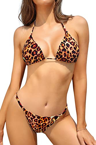 SHEKINI Maillots de Bain 2 Pièces pour Femme Bikini Rembourré Classique Réglable Halter Triangle Top de Bikini de Plage avec Taille Basse Brésilien String Bas de Bikini (Imprimé Léopard Coloré,M)