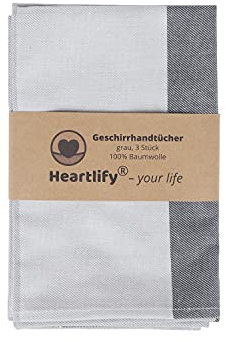 Heartlify 3er Set, Geschirrtücher grau Baumwolle, extra saugfähige Qualität 250 gr/m², XL 50 x 80 cm, 2 Aufhänger, Oeko TEX, weich und griffig, anthrazit