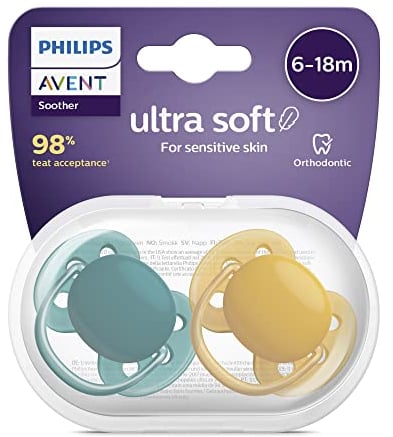 Philips AVENT Ultra Soft Schnuller, 2er-Pack – BPA-freier Schnuller für Babys von 6 bis 18 Monaten, dunkelgrün/dunkelorange (Modell SCF091/04)