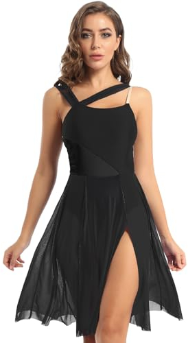inlzdz Damen Ballettkleid Lange Tanzkleid mit Mesh Rock Ärmellos Ballett Trikot Body Turnanzug Leotard Kleid für lyrischen Modern Tanz Dancewear Schwarz S