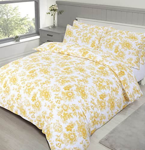 IHIDirect Double Bed Printed Ochre Mustard Yellow English Rose Vintage Floral Duvet Cover & Pillowcase Bedding Set - Isla