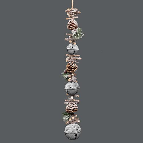 SHATCHI 90cm Garland with Silver Jingle Bells Wooden Sticks, Berries and Pinecones Christmas Home Wall Door Hanger Sleigh Bells Xmas Holiday Hanging Decorations