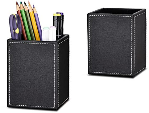 GORESE Quadratischer Leder Stiftehalter, Stifteköcher Schreibtisch Organizer Stiftebox Bleistifthalter Füllfederhalter Pinselhalter Organizer für Büro, Schule, Haushalt 2 Stück (Schwarz)