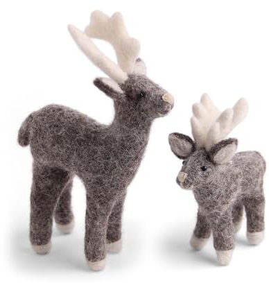 Gry & SIF handgemachte Rentiere aus Filz, Weihnachtsdeko, Weihnachtsbaumschmuck, Christbaumanhänger, Geschenkanhänger, Zierschmuck, Winterdorf | 1x Rentier Mama (15 cm) mit Kind (10 cm), grau