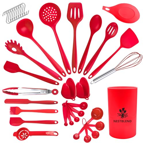 NestBlend Nonstick Red Kitchen Utensils Set - 38 Pieces Kitchen Utensil Set - Kitchen Gadgets Cookware Set - Cooking Utensils Silicone Kitchen Set - Utensils Set with Holder Heat Resistant (RED)
