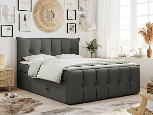 MKS MEBLE King Boxspringbett 180x200, Boxspringbett 180x200 mit Bettkasten und Matratze H3, Polsterbett 180x200 mit Matratze, Bett 180x200 mit Bettkasten - PREMIUM-11-KING- Dunkelgrau Kunstleder - H3