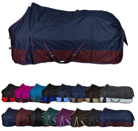 RL24 - Winterdecke Weidedecke 600D Basicline – atmungsaktive, Wind- & wasserdichte Outdoordecke mit Innenfutter & Kreuzbegurtung – Pferdedecke in Marine/Kastanie – 95cm (300g/m² Füllung)