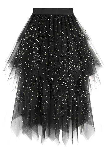 Dressever Damen Unregelmäßiger Tüllrock Mehrschichtiger Mesh Faltenrock A-Linie Hoher Taillierter Rock Ballett Tutu Abschlussball Party Karneval Party Rock Schwarz Sequin X-Large