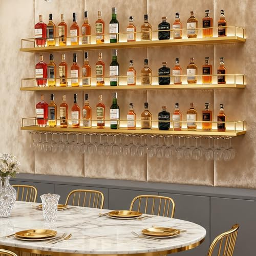 FKKPRVAX 100CM Weinregal Wand mit Glashalter, 3 Ebenen Metallbar Weinpareite Display Rack, Modernes Weinregal im Industriestil für Zuhausefür Esszimmer Home Bar Küche Dekorative (Gold)