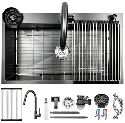 Fregadero AIVANOTO de cocina gris-negro de 80x50cm de acero inoxidable, con grifo extraíble, escurridor de vidrio, dispensador de jabón, gran escurridor, sifón de desagüe, fregadero de cocina