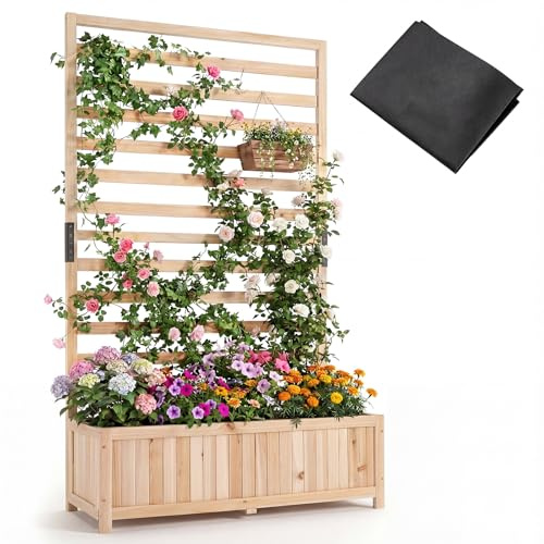 COSTWAY Blumenkasten mit Rankgitter, Pflanzkasten für Kletterpflanzen, Hochbeet mit Spalier, Liner & Entwässerung, Blumenkübel für Garten Balkon, Gartenspalier Rankkasten Holz, 90x35x150cm (Natur)