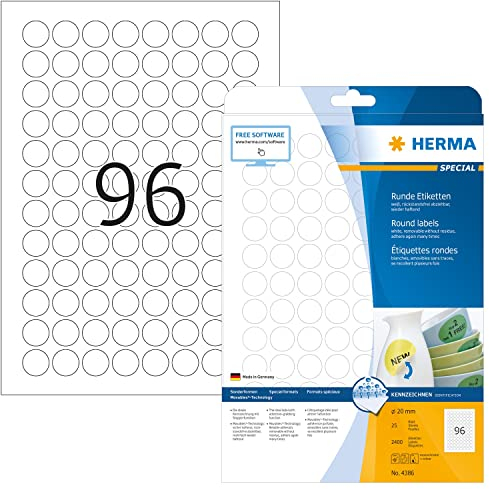 HERMA 4386 Universal Etiketten ablösbar rund, 25 Blatt, Ø 20 mm, 96 pro A4 Bogen, 2400 Stück, selbstklebend, bedruckbar, matt, blanko Papier Klebeetiketten Aufkleber, weiß