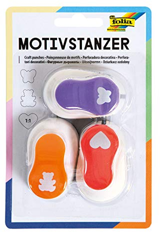 folia 7019 - Motivstanzer, Motivlocher, 3er Set, Herz, Schmetterling und Bär
