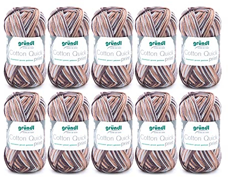 Gründl Wolle Cotton Quick print - dünne Wolle zum Häkeln mit Farbverlauf - Strickgarn - Glänzend und hautfreundlich - 100 % Baumwolle - 10 Knäuel 50 g / 125 m - Nadelstärke 3 - 4 - Braun