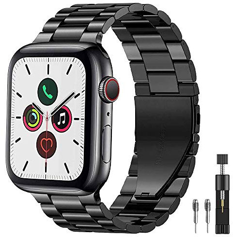 PUGO TOP Strap Compatible With Apple Watch Ultra 2/Ultra 49mm Series 9/8/7/6/SE/5/4/3/2/1, Stainless Steel Metal Replacement Band with Folding Clasp for Apple Watch 42mm/44mm/45mm/49mm- Black
