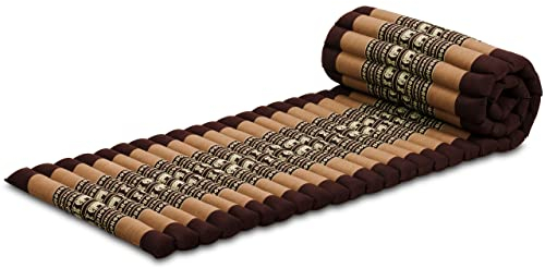 livasia Rollmatte Rollmatratze S schmal - 200x50x4,5cm - Gästebett Gästematratze 1 Person mit Muster, Reisebett Kofferraum Outdoor, Thaimatte Kapok für Garten Balkon handgefertigt (Braun/Elefanten)