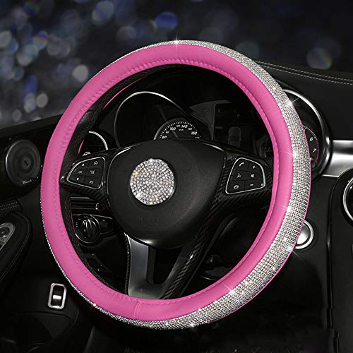 Bling Bling Lenkradbezug, Auto-Leder-Radabdeckung, glitzernden Lenkradabdeckung, Vollrhinestones, Auto-Dekor-Zubehör (Rosa)