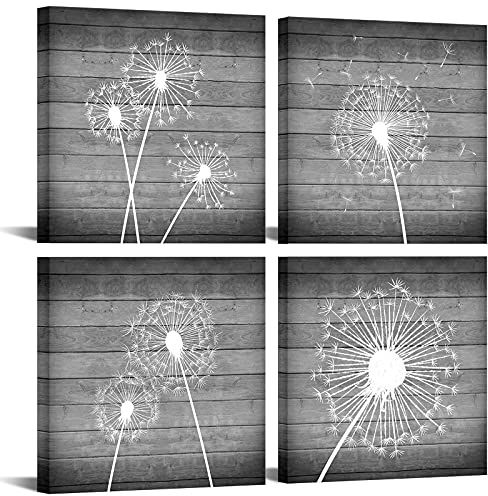 Sechars 4teiliges Wandbild mit Blumenmotiv in Weiß und Grau Pusteblume Bild auf Leinwand Gemälde mit Holzrahmen Modern Floral Canvas Artwork für Schlafzimmer Badezimmer Wanddekoration Art Deco