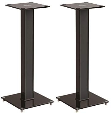 Monoprice Elements Speaker Stand - 28 Inch Pair, Cable Management, Strong Tempered Glass Base with Floor Spikes, Black