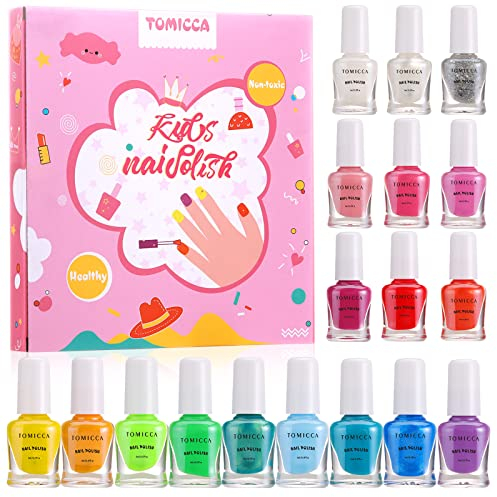 TOMICCA Set Di Smalti Per Unghie Per Principessa, 18 flaconi Rainbow Candy Colors Smalto Speciale Con Brillantini Per Bambini, Con Formula Peel-off, a Base D'acqua E Senza Odori,Adatto Come Regalo
