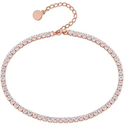 KRKC&CO 3mm Damen Tennis Fußkettchen, Rosegold beschichtet Tennisarmband, Länge verstellbar Fußspange Iced Out Fußkettchen, Tennis Kette Fußband für Frauen Mädchen Geburtstag Geschenk