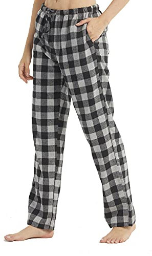 YUSHOW Schlafanzughose Damen Lang Flanell Baumwolle Karierte Pyjamahose Winter Weich Nachtwäsche Hose Freizeithose mit Taschen und Kordelzug