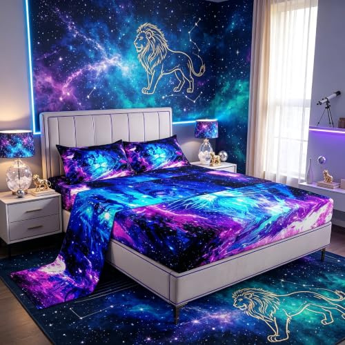 Loussiesd Galaxy Lion Bettwäsche-Set, King-Size, 100 % Mikrofaser, tiefe Taschen, 4-teilig, 1 Falt- und 1 Spannbetttuch mit 2 Kissenbezügen