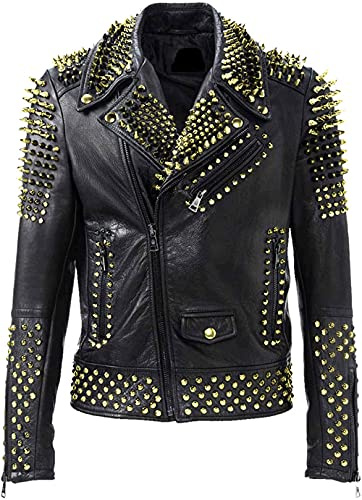 Brando - Giacca da motociclista in pelle nera con borchie, stile rock, punk, da uomo, Giacca nera con borchie dorate, XL