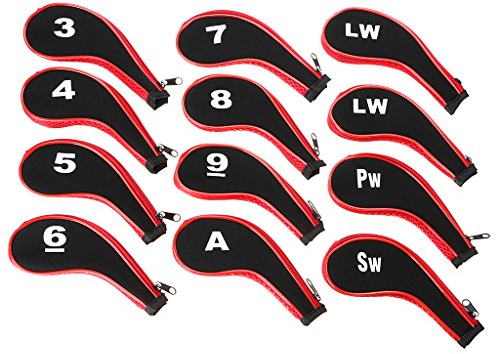 IGNPION Golf Iron Head Cover Club Heads Protector Wedge Headcovers Number Print Golf Iron Covers Long Neck with Zip (Black + Red)