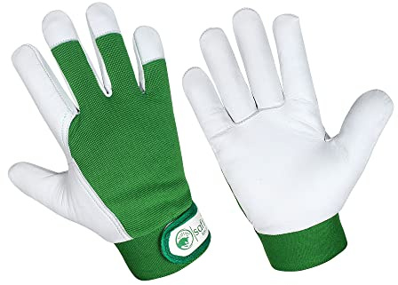 SAFTA Gardening Gloves for Men & Women, Leather palm with Breathable Spandex back, Thorn proof Gardening Glove, Multipurpose Gloves for Mechanics, Ware House, Driving Work (Green, Medium)