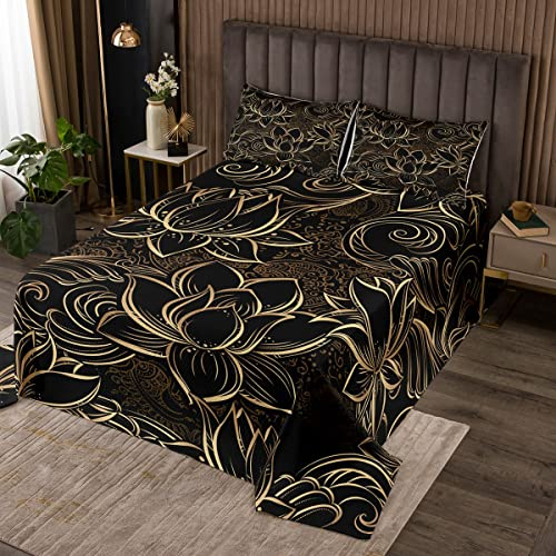 Luxus Schwarz Gold Bettüberwurf für Frau Schlafzimmer Senior Geschenk Blossom Blumen Steppdecke Blumen Golden Gedruckt Tagesdeck 240x260cm Wohndecke Weich Microfaser Kissenbezug Dekor 3St