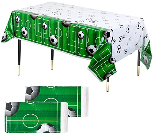 Jinlaili 2 Stück 137x274cm Tischdecke aus Kunststoff, Fußball Bedruckte Tischdecke Wasserdicht, Tisch Decken Wachstuch, Rechteckig Tischtuch Abwaschbar für Feste Party Gartentisch Feierntage(Grün)
