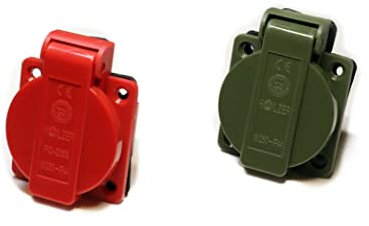 HOLZER 8 Stück/Einbausteckdose Schuko Anbau Steckdose 16A Feuchtraum / PA6 / + Flansch Dichtung (4xRot / 4xOlivgrün)