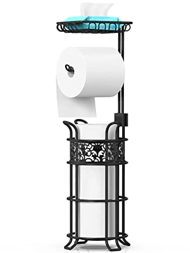 Heioov Toilettenpapierhalter Stnder mit Ablage, Freistehender Toilettenpapierrollenspender FR 3 groe Rollen Jumbo-Megapapier, fr Wohnmobil-Badezimmer, Blumenmuster, Schwarz