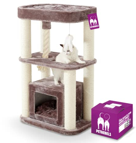 Petrebels Kratzbaum für kleine Katzen und Senioren, Villa 100 cm hoch, Premium Qualität Kratzbaum Klein, Farbe Cappuccino
