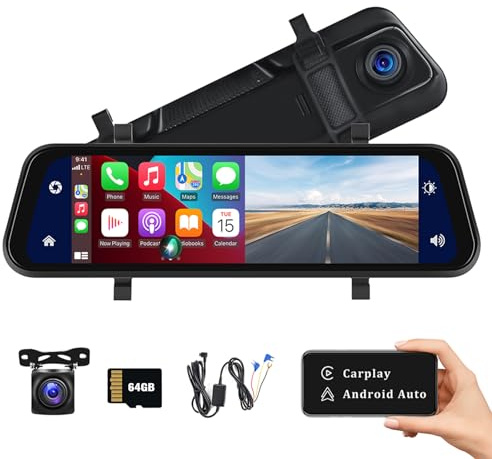Rear View Mirror Camera with Carplay&Android Auto,9.66 1080P Mirror Dash Cam Front and Rear with Voice Control,Night Vision,Parking Monitoring,Reverse Assist Free 64GB Card for Cars&Trucks