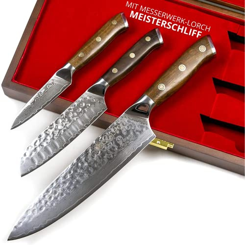 Stallion 3er Messerset Damast mit Edlem Ironwood Griff - Hochwertiges Damastmesser Set aus Kochmesser, kleines Santokumesser und Officemesser - Küchenmesser aus Damaststahl - mit MEISTERSCHLIFF