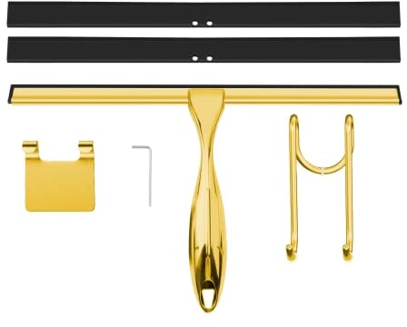 TOOVEM 12 Inch Shower Squeegee for Glass Doors, Window, Bathroom, Car Windshield, Shower Cleaning Tools with S Hook, Square Sticky Hook(Gold)