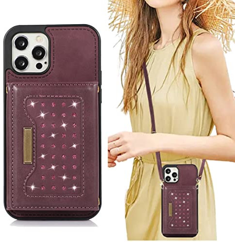 iPhone 13 Pro Max Crossbody Phone Purse Rfid Card Holder Wallet Case Leather Flip Back Cover with Shoulder Strap Shockproof Silicone Case iPhone 13 Pro Max Rhinestone Small Bag for Women Girl Red