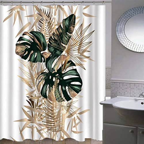 AASIRA Rideau de douche, 240 x 200 cm, motif feuilles tropicales vertes, anti-moisissure, imperméable, extra long, avec 12 anneaux de rideau de douche, doré, motif 3D, pour baignoire, salle de bain