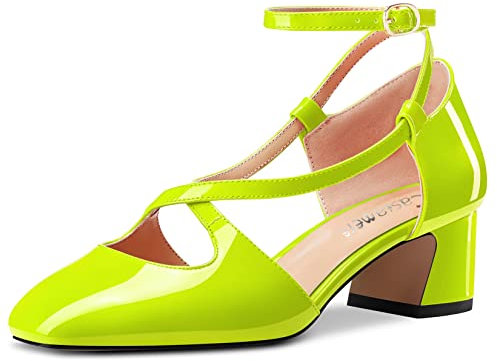 Castamere Mujer Chunky Ancho Medio Heel Cuadrada Punta Correa Cruzada Pumps de Boda Dress 5 CM Heels Verde Lima Charol 38 EU