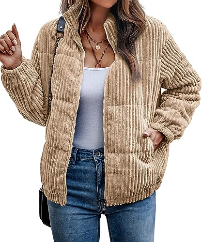 ASOMI Jacke Damen Kuschelige Fleecejacke Übergangsjacke Gefüttert Langarm Reißverschluss Herbst-Wintermantel mit Taschen Hellkhaki Large
