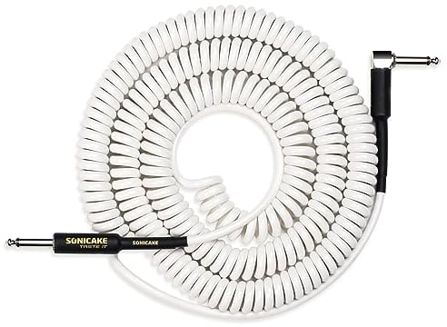 SONICAKE Cable de instrumento de guitarra 10M cable de guitarra de bobina 6,3mm cable en espiral con enchufes en ángulo y conector estándar blanco