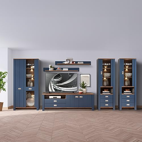 Wohnwand TV-Wand blau Landhaus mit Details in Eiche Nb. 6-teilig, 1 Vitrinenschrank, 1 Lowboard, 2 Wandregale, 2 Vitrinen, inkl. LED Beleuchtung
