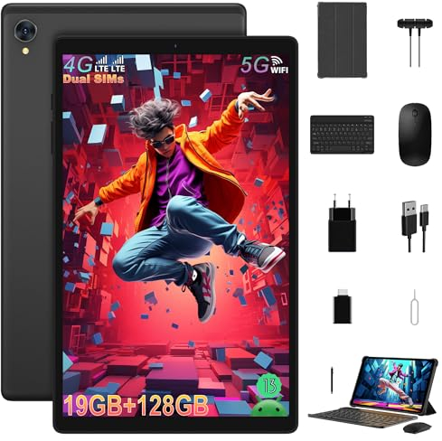 YUMKEM Tablet Android 13 con Teclado, 10.1 Pulgadas Tablet, Doble SIM 4G LTE y WiFi 5G, Pantalla Vívida FHD IPS 1920P, 19GB RAM 128GB ROM 1TB SD, 8000mAh, 13MP+8MP, Octa-Core, BT/Type-C/Aux, Negro
