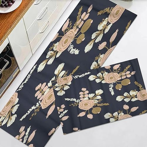 EKSED Kitchen Mats Non slip Washable Kitchen Rugs Doormat Carpet Floor Mat,Watercolor Gold Rosa Blush Noisette Modern Rose Floral Pattern Flow,2 Piece Kitchen Mats for Home Decoration (40x60+40x120cm)