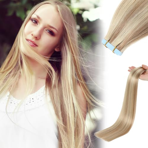 Tape Extensions Echthaar, Unsichtbare Tape-in Extensions Echthaar, 100% Remy Echthaar, Seidig & Volle Spitzen, Aschblond und Bleichblond #P18/613, 20 Stück, 40g, 40cm,Wiederverwendbar,Haarverlängerung